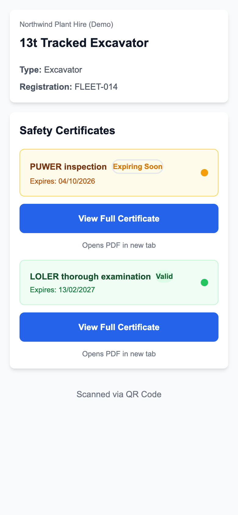Mobile vehicle page showing a demonstration excavator and two certificates with expiry dates and document links